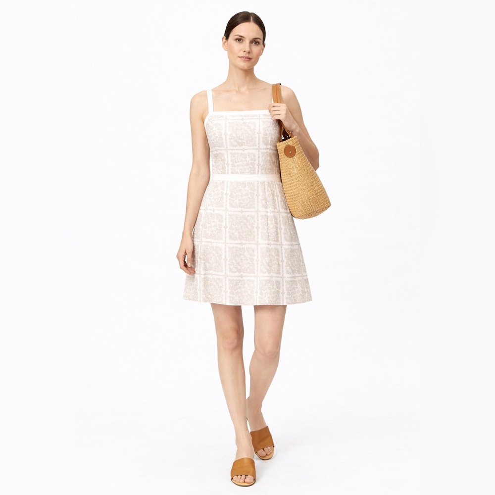 Ann Taylor LOFT Tile Print Cotton Mini Dress Size 12 Beige White resortwear